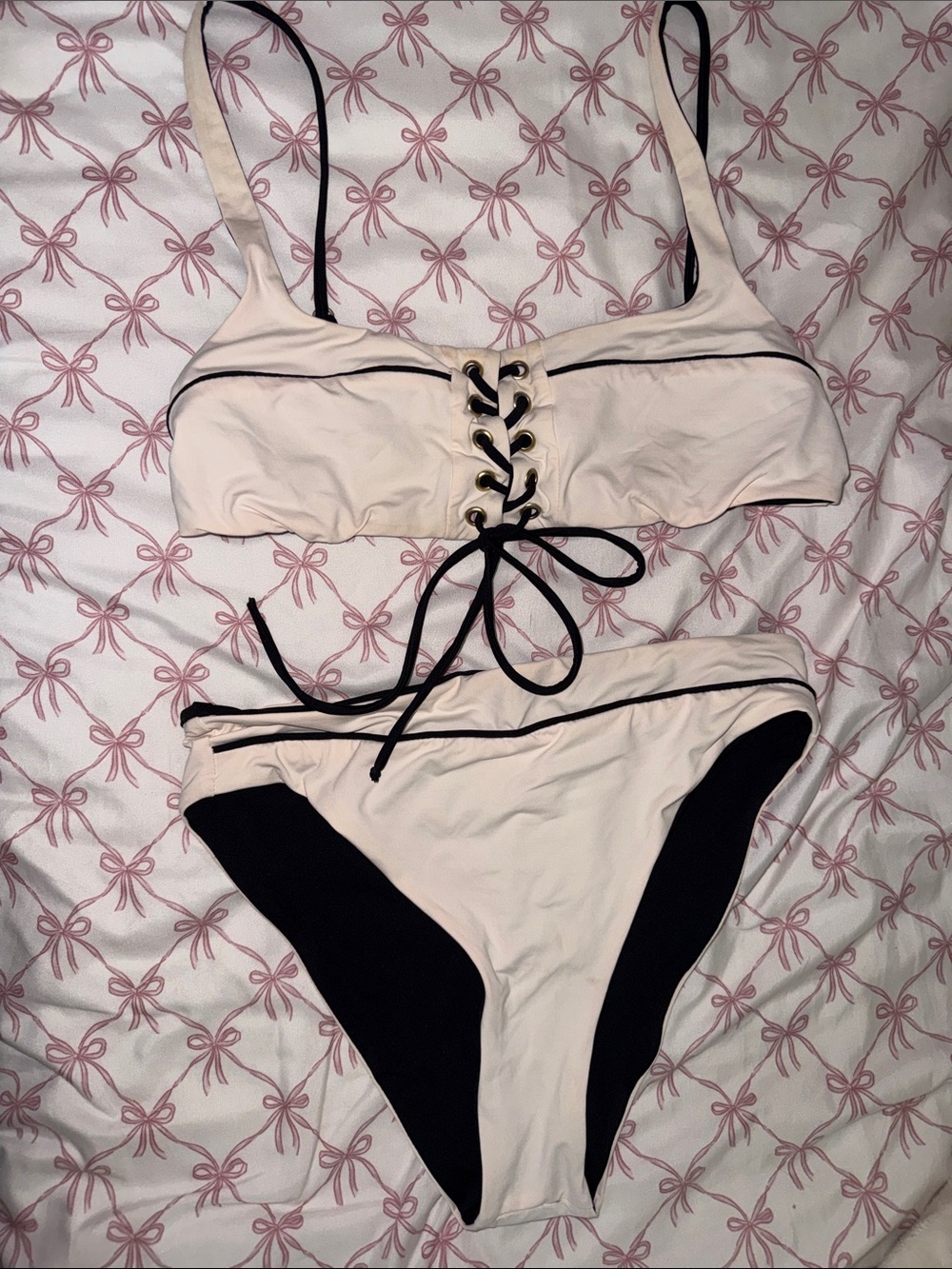 Lace-Up Two-Tone Bikini Set — Cream and Black